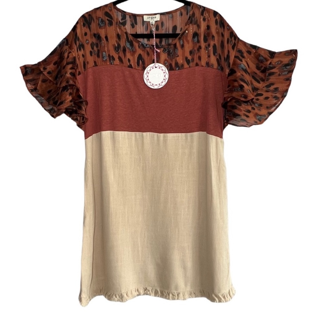 UMGEE Leopard Print Colorblock Dress Flutter Sleeves Linen Blend Rust Cream S